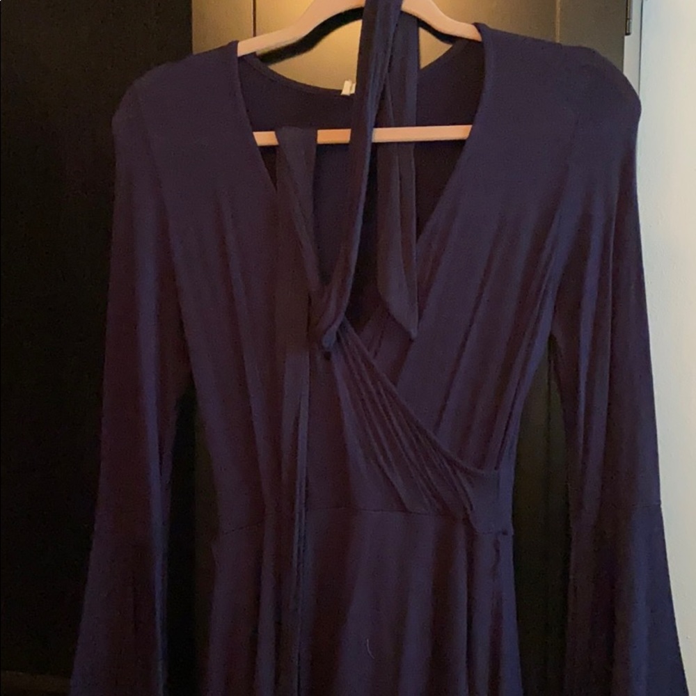 Navy blue wrap dress, flutter sleeves 3/4